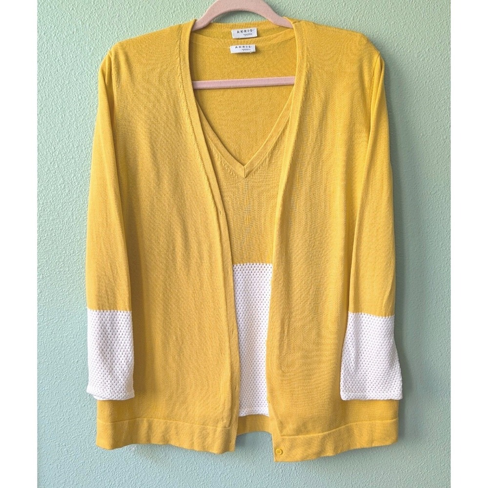 Akris Punto Yellow Color Block Cardigan Sweater Set Cotton US 12 3/4 Sleeve